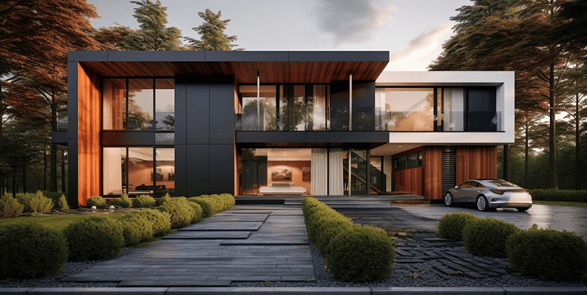 Modern modern woning met garden, grote ramen en garage op landelijke locatie.