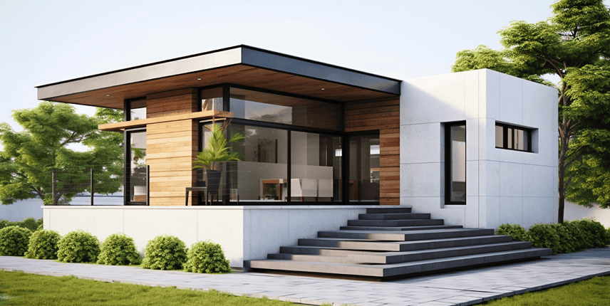 Modern woning met strakke architectuur en grote glasramen, omgeven door groene tuinen.